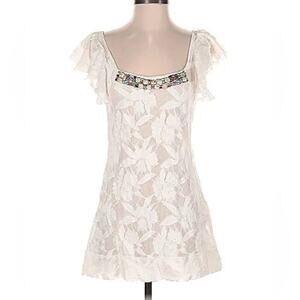 Free People White Lace Mini Dress Square neck Embellishments Ruffle Sleeve XS